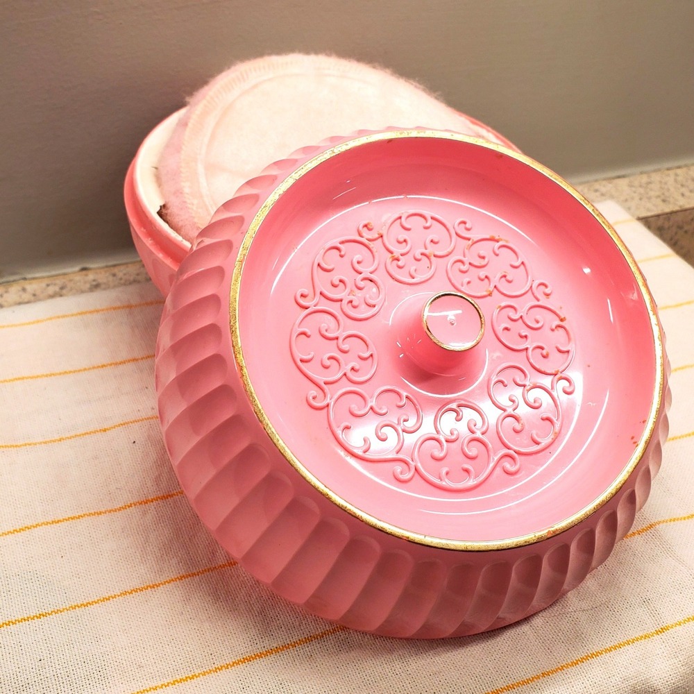 Vtg April Showers Dusting Powder Container Pink Plastic Fluted Vanity Jar Puff